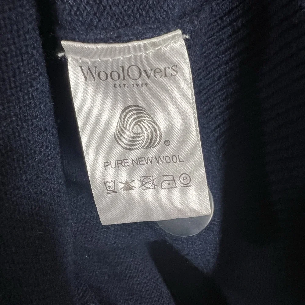 WoolOvers‎ Mens Lambswool V Neck Cardigan Size Large Navy Preppy Classic *FLAW*